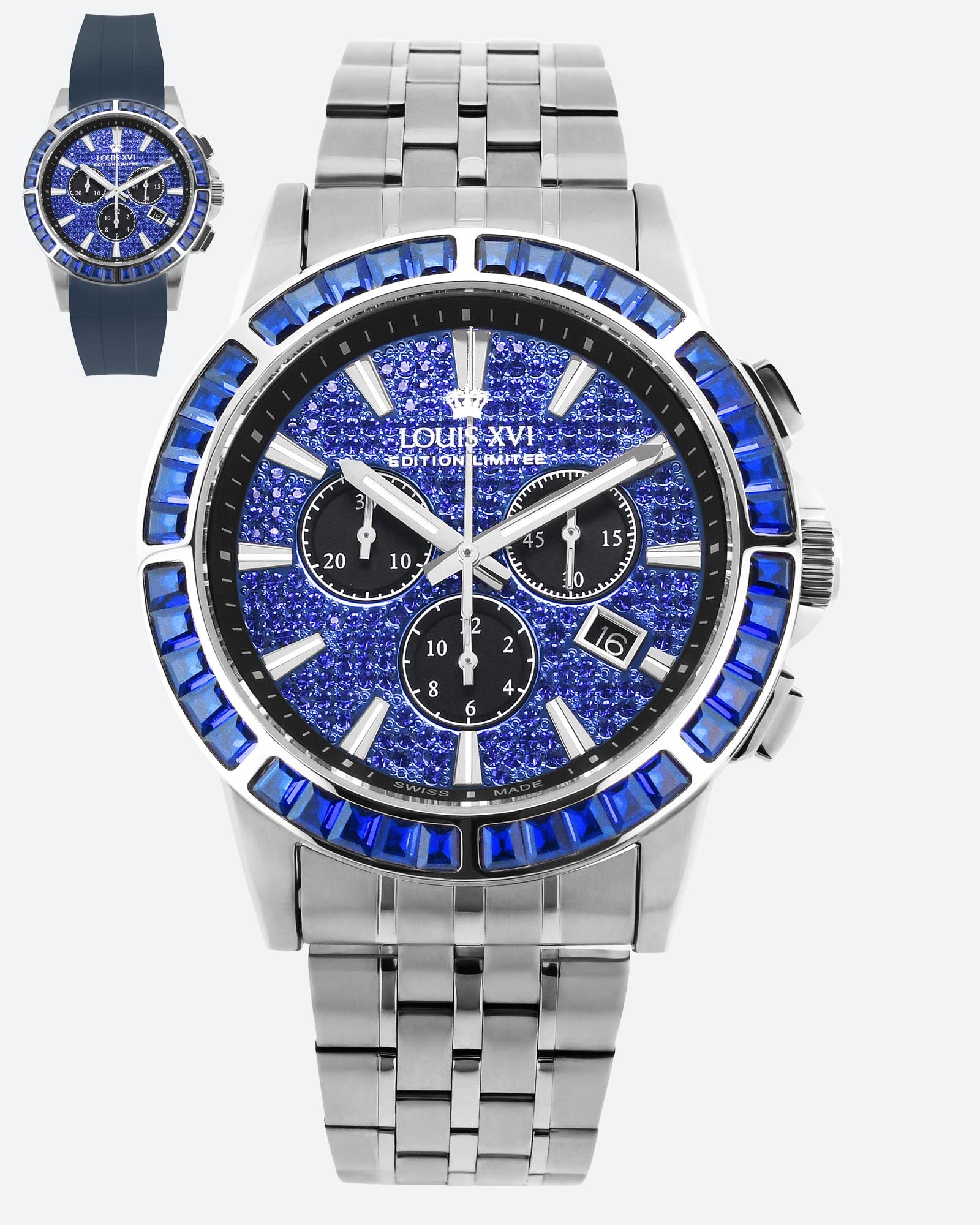 LOUIS XVI Majesté Iced Out, orologio da polso da uomo, cinturino in acciaio argento/oro, con diamanti CZ, cronografo, analogico, al quarzo, acciaio inossidabile, Rainbow Gold, Bracciale LOUIS XVI Majesté Iced Out, orologio da polso da uomo, cinturino in acciaio argento/oro, con diamanti CZ, cronografo, analogico, al quarzo, acciaio inossidabile, Rainbow Gold, Bracciale