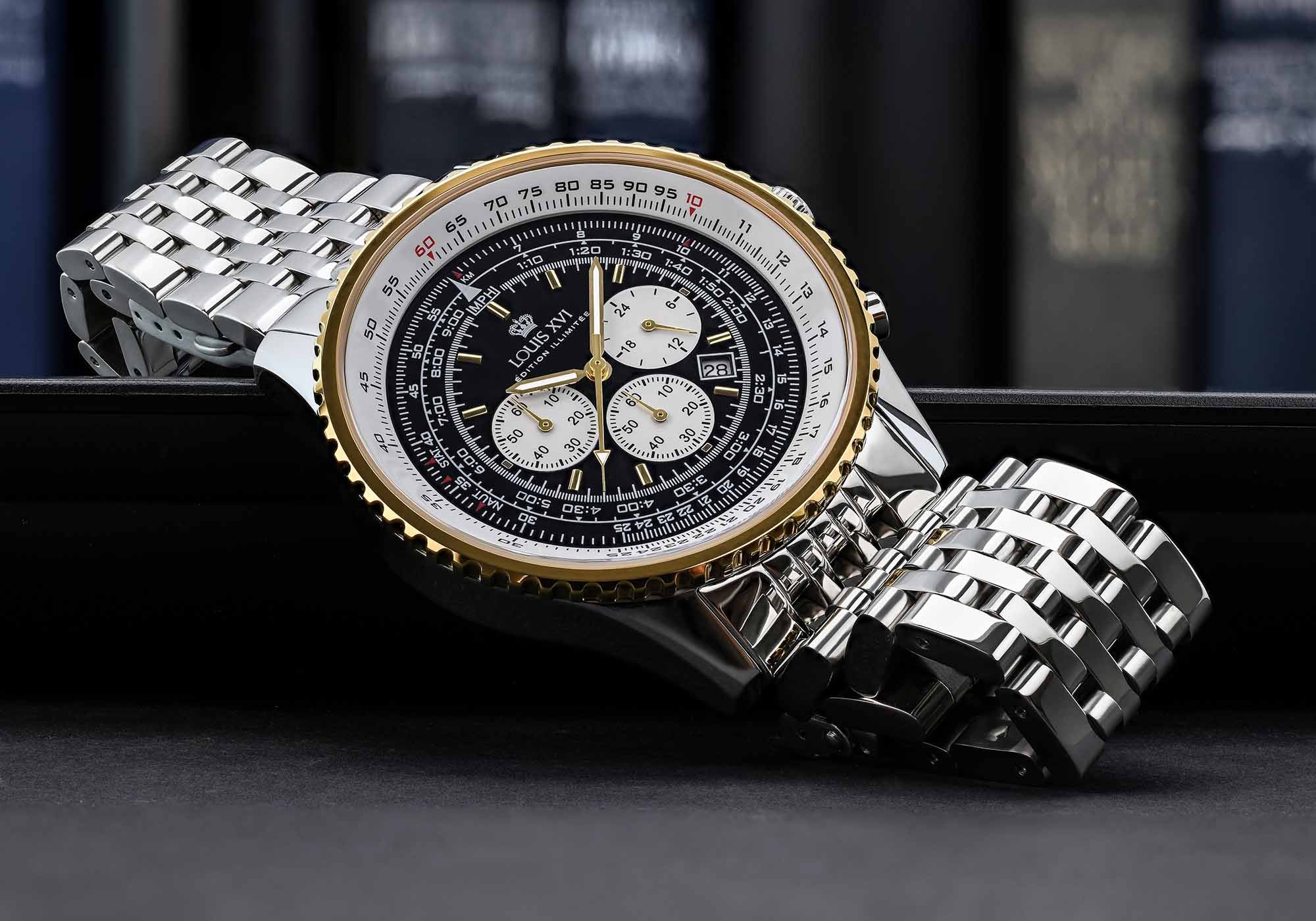 LOUIS XVI Artagnan 3421 – Orologio Uomo Cronografo – Cassa 47.5mm – Vetro Zaffiro – Impermeabile 50m – Cinturino Argento, Quadrante Azzurro