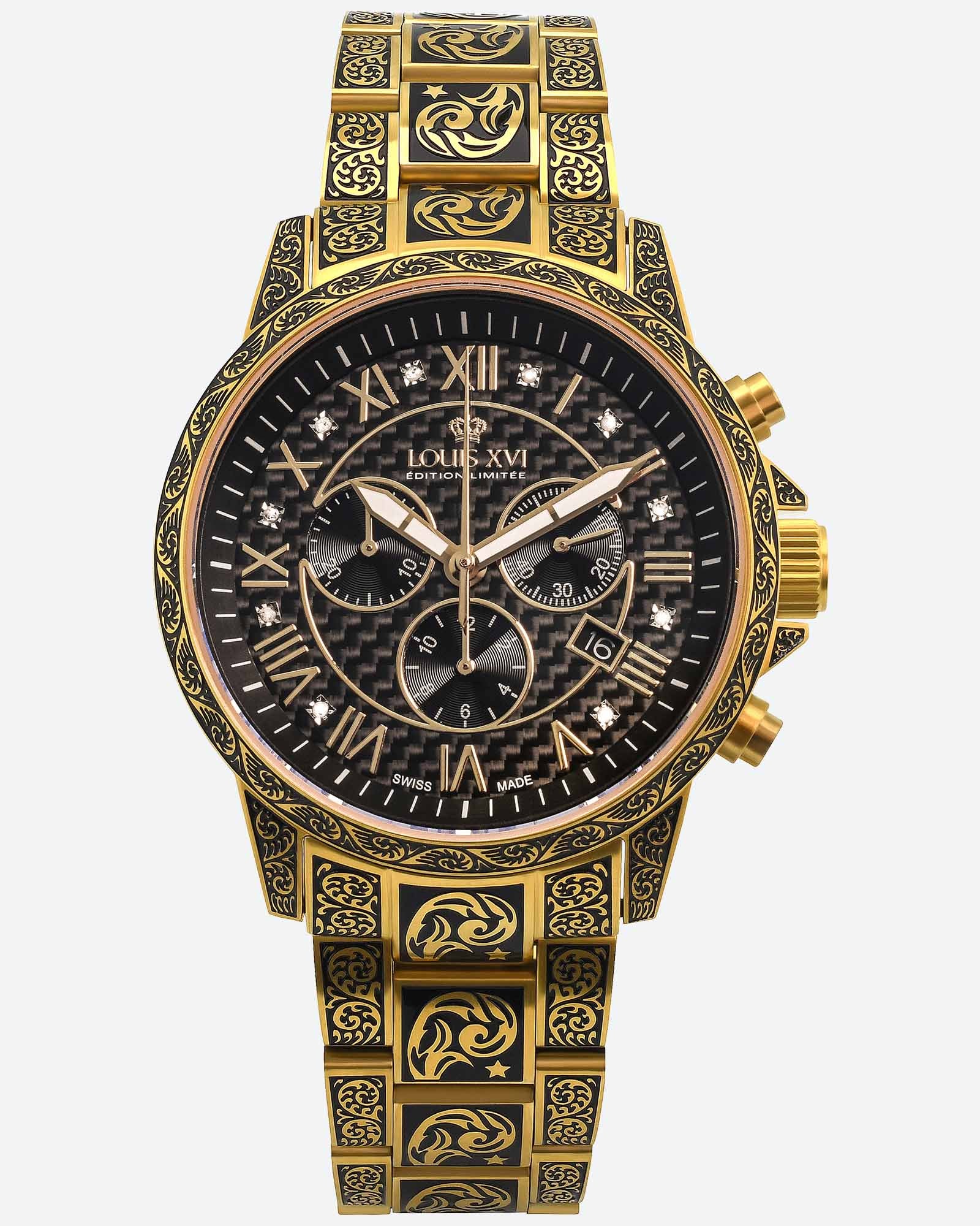LOUIS XVI Palais Royale Iced - Orologio da uomo, diametro 43 mm, impermeabile, con vetro zaffiro, oro, argento, nero, quadrante con diamanti di zirconia cubica, movimento al quarzo CH, Oro, Bracciale LOUIS XVI Palais Royale Iced - Orologio da uomo, diametro 43 mm, impermeabile, con vetro zaffiro, oro, argento, nero, quadrante con diamanti di zirconia cubica, movimento al quarzo CH, Oro, Bracciale